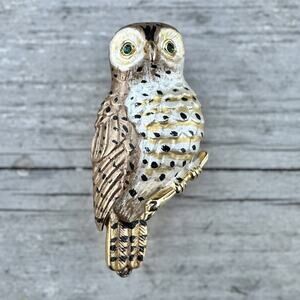 Vintage Spotted Owl Brooch Green Rhinestone Eyes Gold Tone Enamel Woodland